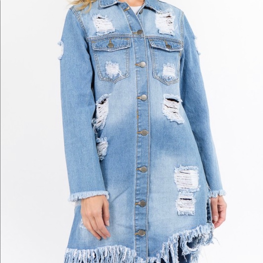 Long Distressed Denim Jacket - Picture 3 of 4